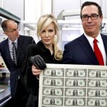 Louise Linton And Steve Mnuchin At Treasury with sheet of Money