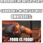 Math Is Math meme | HERBIVORES: WE ONLY EAT PLANTS; CARNIVORES: WE ONLY EAT MEAT; OMNIVORES:; FOOD IS FOOD! | image tagged in math is math meme | made w/ Imgflip meme maker