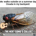 Cicada | Me: walks outside on a summer day
Cicada in my backyard:; THE NEXT SONG'S CALLED "BZZZZZZZZZZZZZZZZZZZZZZZZZ" | image tagged in cicada | made w/ Imgflip meme maker