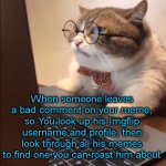 Anyone? | When someone leaves a bad comment on your meme, so You look up his Imgflip username and profile, then look through all his memes to find one | image tagged in research cat,roast,imgflip users,memers | made w/ Imgflip meme maker