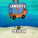 Spongebob squashed by ice cream truck | LAWSUITS; PATREON | image tagged in spongebob squashed by ice cream truck | made w/ Imgflip meme maker