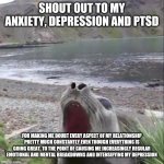 Thanks guys, couldn't have done it without you | SHOUT OUT TO MY ANXIETY, DEPRESSION AND PTSD; FOR MAKING ME DOUBT EVERY ASPECT OF MY RELATIONSHIP PRETTY MUCH CONSTANTLY EVEN THOUGH EVERYTHING IS GOING GREAT, TO THE POINT OF CAUSING ME INCREASINGLY REGULAR EMOTIONAL AND MENTAL BREAKDOWNS AND INTENSIFYING MY DEPRESSION | image tagged in shout-out seal | made w/ Imgflip meme maker