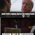 Dreams is good till you get to know him | SOME PEOPLE WANNA WATCH THE WORLD BURN; DREAM HELP ME!!!!!!!!!!! | image tagged in some mean just want to watch the world burn alfred batman | made w/ Imgflip meme maker