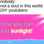 True tho | nobody:
not a soul in this world:
DIY youtubers: | image tagged in now you can eat sunlight | made w/ Imgflip meme maker
