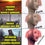 -Human's behavior: what if to uncared use... | Touched a flower: heroin's epidemic; Opened pharaons seal: WW; Let energy atom away: radiation disaster | image tagged in extreem panik,chernobyl,poppy,world war z meme,human stupidity,21st century | made w/ Imgflip meme maker