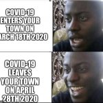 True Story | COVID-19 ENTERS YOUR TOWN ON MARCH 18TH 2020; COVID-19 LEAVES YOUR TOWN ON APRIL 28TH 2020 | image tagged in young man smile then shock,opposite | made w/ Imgflip meme maker