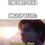 we won mr stark | TIK TOK IS DEAD; IMGFLIP USERS: | image tagged in we won mr stark | made w/ Imgflip meme maker