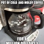 moldy coffee | WOULD YOU DRINK THIS WHOLE POT OF COLD  AND MOLDY COFFEE; FOR A MILLION DOLLARS? | image tagged in moldy coffee,coffee,moldy,yuck,gross,meme | made w/ Imgflip meme maker