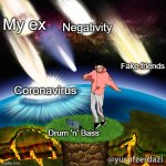 When your world comes crumbling down | My ex; Negativity; Fake friends; Coronavirus; Drum 'n' Bass | image tagged in actualise | made w/ Imgflip meme maker