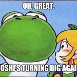 Big yoshi | OH, GREAT. YOSHI'S TURNING BIG AGAIN | image tagged in big yoshi | made w/ Imgflip meme maker