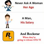 Rockstar is milking GTA V | And Rockstar; When they're going to release GTA VI | image tagged in never ask a woman her age,gta v,dank memes,memes,funny | made w/ Imgflip meme maker