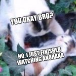 Weeb meme | YOU OKAY BRO? NO, I JUST FINISHED WATCHING ANOHANA | image tagged in dying cat,anime,animeme,anime meme,anime memes,animememe | made w/ Imgflip meme maker