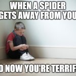 The Itsy Bitsy Spider | WHEN A SPIDER GETS AWAY FROM YOU; AND NOW YOU'RE TERRIFIED | image tagged in sitting in a corner,memes,funny memes,funny,lmao,spider | made w/ Imgflip meme maker