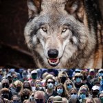 Wolf and group of people with face masks