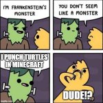 frankenstein's monster | I PUNCH TURTLES IN MINECRAFT; DUDE!? | image tagged in frankenstein's monster | made w/ Imgflip meme maker