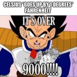 The Metric System | CELSIUS *GOES UP BY 1 DEGREES*
FAHRENHEIT | image tagged in its over 9000 | made w/ Imgflip meme maker