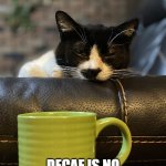 Coffee cat | NOTE TO SELF... DECAF IS NO SUBSTITUTE FOR REGULAR | image tagged in coffee cat | made w/ Imgflip meme maker