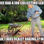 I was raking it in | I ONCE HAD A JOB COLLECTING  LEAVES. MAN, I WAS REALLY RAKING IT IN. | image tagged in man raking,leaves,job,dad joke,meme,funny | made w/ Imgflip meme maker