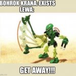 Bionicle | BOHROK KRANA: EXISTS
LEWA:; GET AWAY!!! | image tagged in bionicle,lewa,lewa toa of air,lewa toa mata,toa mata,toa of air | made w/ Imgflip meme maker