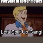 Everyone In Horror Movies | Everyone in horror movies | image tagged in lets split up hang,horror movie,scooby doo | made w/ Imgflip meme maker