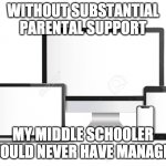 Online Learning | WITHOUT SUBSTANTIAL PARENTAL SUPPORT; MY MIDDLE SCHOOLER WOULD NEVER HAVE MANAGED | image tagged in online learning | made w/ Imgflip meme maker