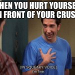 Yeah I’m fine | WHEN YOU HURT YOURSELF IN FRONT OF YOUR CRUSH | image tagged in ross im fine | made w/ Imgflip meme maker