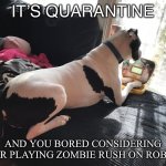 Teens 1990-2020 | IT’S QUARANTINE; AND YOU BORED CONSIDERING YOUR PLAYING ZOMBIE RUSH ON ROBLOX | image tagged in computer typing dog,dog,computer,quarintine,covid-19 | made w/ Imgflip meme maker