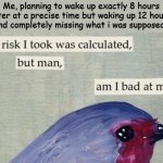 Summer be like: | Me, planning to wake up exactly 8 hours later at a precise time but waking up 12 hours later and completely missing what i was supposed to do: | image tagged in risky bird | made w/ Imgflip meme maker