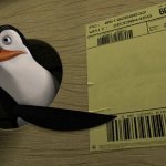 Penguin pointing at shipping label meme