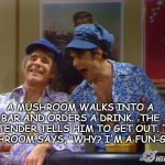 Daily BAD DAD Joke July 31 2020 | A MUSHROOM WALKS INTO A BAR AND ORDERS A DRINK.  THE BARTENDER TELLS HIM TO GET OUT. THE MUSHROOM SAYS, "WHY? I'M A FUN-GUY." | image tagged in fun guys 2 | made w/ Imgflip meme maker