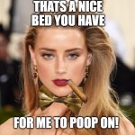 Amber Heard The Insult Comic Model | THATS A NICE BED YOU HAVE; FOR ME TO POOP ON! | image tagged in amber heard,johnny depp,triumph the insult comic dog | made w/ Imgflip meme maker