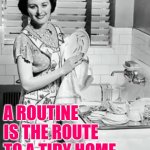 Tidy Home Housewife | A ROUTINE IS THE ROUTE TO A TIDY HOME | image tagged in washing dishes,housewife,vintage,housework,cleaning,memes | made w/ Imgflip meme maker