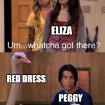 Peggy buys a smoothie...and a red dress | ELIZA; RED DRESS; PEGGY | image tagged in spencer smoothie meme,hamilton | made w/ Imgflip meme maker