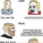 girls vs boys | DAMN YOU GOT A SMALL DICK, SON | image tagged in girls vs boys | made w/ Imgflip meme maker