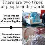 Two Types Of People In The World Air Dry Or Towel Dry Dishes meme