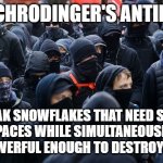 Antifa declared terrorist group | SCHRODINGER'S ANTIFA; WEAK SNOWFLAKES THAT NEED SAFE SPACES WHILE SIMULTANEOUSLY BEING POWERFUL ENOUGH TO DESTROY AMERICA | image tagged in antifa declared terrorist group | made w/ Imgflip meme maker