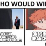 who would win | A 70 FT TALL STEEL WALL THAT'S REINFORCED WITH CONCRETE; ONE SHORT ORANGE BOI; SSSSSSSS | image tagged in who would win | made w/ Imgflip meme maker