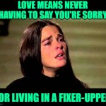 Love Story Fixer-Upper | LOVE MEANS NEVER HAVING TO SAY YOU'RE SORRY; FOR LIVING IN A FIXER-UPPER | image tagged in love story,funny memes,movie quotes,life lessons,marriage,movies | made w/ Imgflip meme maker