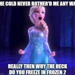 ELSA | THE COLD NEVER BOTHER'D ME ANY WAY REALLY THEN WHY THE HECK DO YOU FREEZE IN FROZEN 2 | image tagged in elsa | made w/ Imgflip meme maker