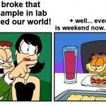 he did it! i knew it | - you broke that covid sample in lab and ruined our world! + well... everyday is weekend now. i'm happy | image tagged in john yelling at garfield,garfield,covid-19,he did it,everyday is a dammned weekend,we have to survive use mask | made w/ Imgflip meme maker