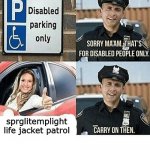 sprglitemplight life jacket patrol | sprglitemplight life jacket patrol | image tagged in disabled parking,disabled | made w/ Imgflip meme maker