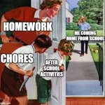 Family knives | HOMEWORK; ME COMING HOME FROM SCHOOL; CHORES; AFTER SCHOOL ACTIVITIES | image tagged in family knives | made w/ Imgflip meme maker