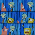 Patrick scaring Squidward meme