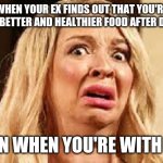 Shocked | WHEN YOUR EX FINDS OUT THAT YOU'RE EATING BETTER AND HEALTHIER FOOD AFTER DIVORCE; THAN WHEN YOU'RE WITH HER | image tagged in shocked | made w/ Imgflip meme maker