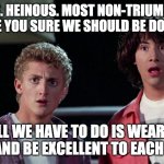 Bill and ted | BOGUS. HEINOUS. MOST NON-TRIUMPHANT.  DUDE, ARE YOU SURE WE SHOULD BE DOING THIS? ALL WE HAVE TO DO IS WEAR A MASK AND BE EXCELLENT TO EACH OTHER. | image tagged in bill and ted | made w/ Imgflip meme maker