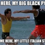 apollo creed rocky balboa beach1 | COME HERE, MY BIG BLACK PYTHON; YOU COME HERE, MY LITTLE ITALIAN STALLION | image tagged in apollo creed rocky balboa beach1 | made w/ Imgflip meme maker