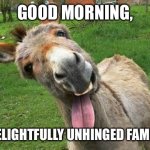 Good morning my delightfully unhinged family | GOOD MORNING, MY DELIGHTFULLY UNHINGED FAMILY 🥰 | image tagged in laughing donkey,good morning | made w/ Imgflip meme maker