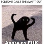 it guy | PROGRAMMERS WHEN SOMEONE CALLS THEM AN 'IT GUY'; Angry as FUK | image tagged in angry as fuk | made w/ Imgflip meme maker