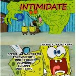 Intimidate | INTIMIDATE; SPECIAL ATTACKERS OR
POKEMON WITH:
INNER FOCUS
OBLIVIOUS
SCRAPPY
OWN TEMPO; PHYSICAL ATTACKERS | image tagged in scared not scared spongebob against ghost,pokemon | made w/ Imgflip meme maker