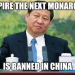 CHINA BANS ETNM | EMPIRE THE NEXT MONARCHY; IS BANNED IN CHINA | image tagged in xi jinping,empire the next monarchy | made w/ Imgflip meme maker